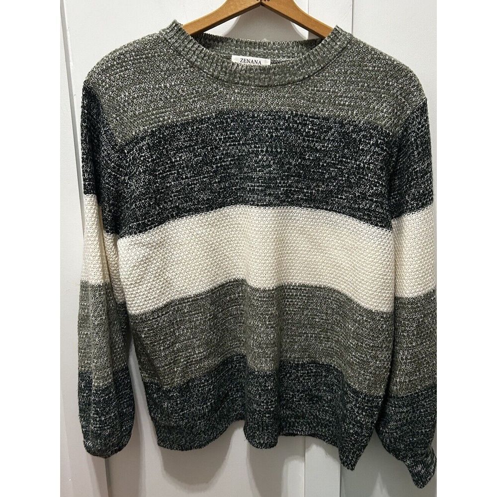 ZENANA Striped Textured Crew Neck Long Sleeve Sweater Olive Green Cream Black M